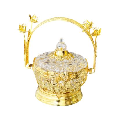 Luxury Crystal Glass Candy Dish Jar Gold Metal Frame Arch Handle Floral Tableware Decor