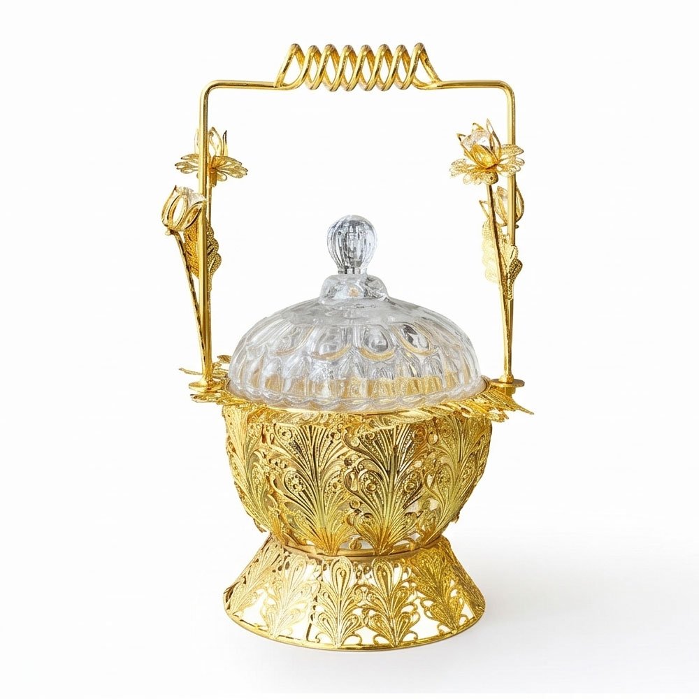 Luxury Crystal Glass Candy Dish Jar Gold Metal Frame Arch Handle Floral Tableware Decor - Image 8