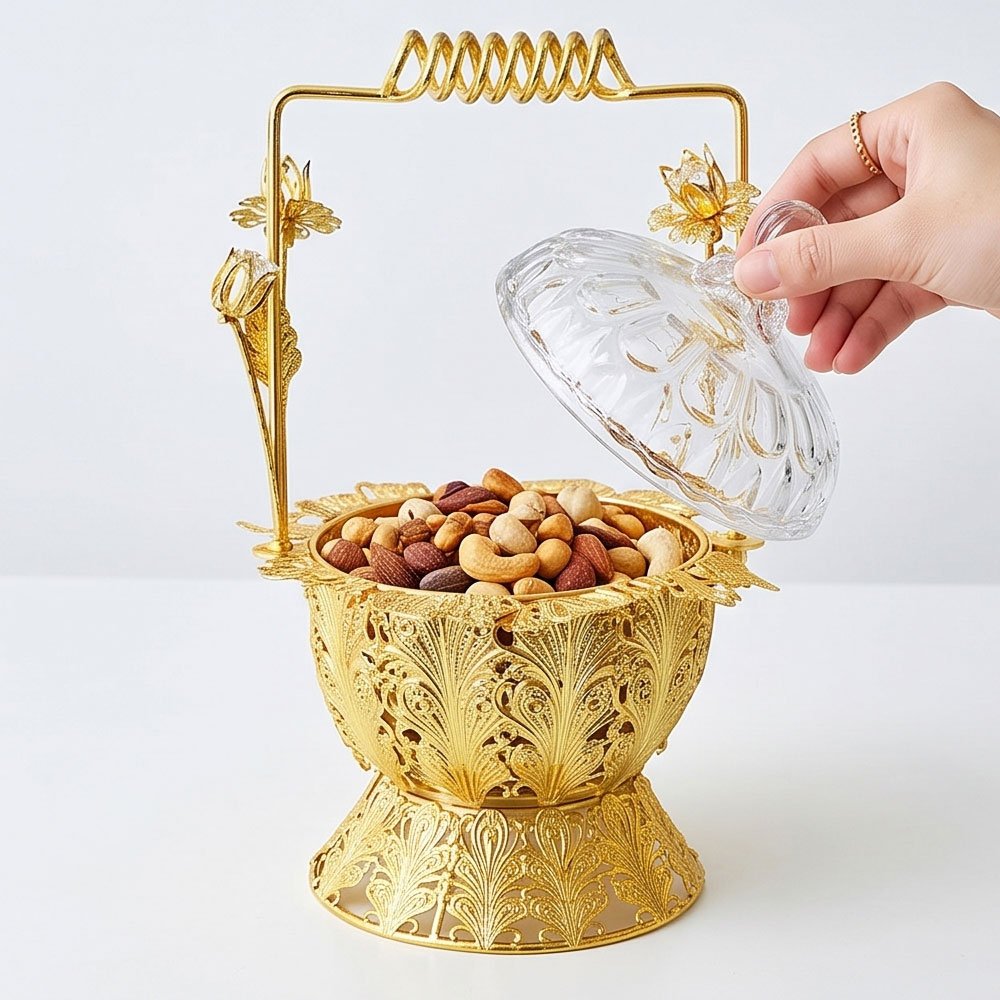 Luxury Crystal Glass Candy Dish Jar Gold Metal Frame Arch Handle Floral Tableware Decor - Image 6