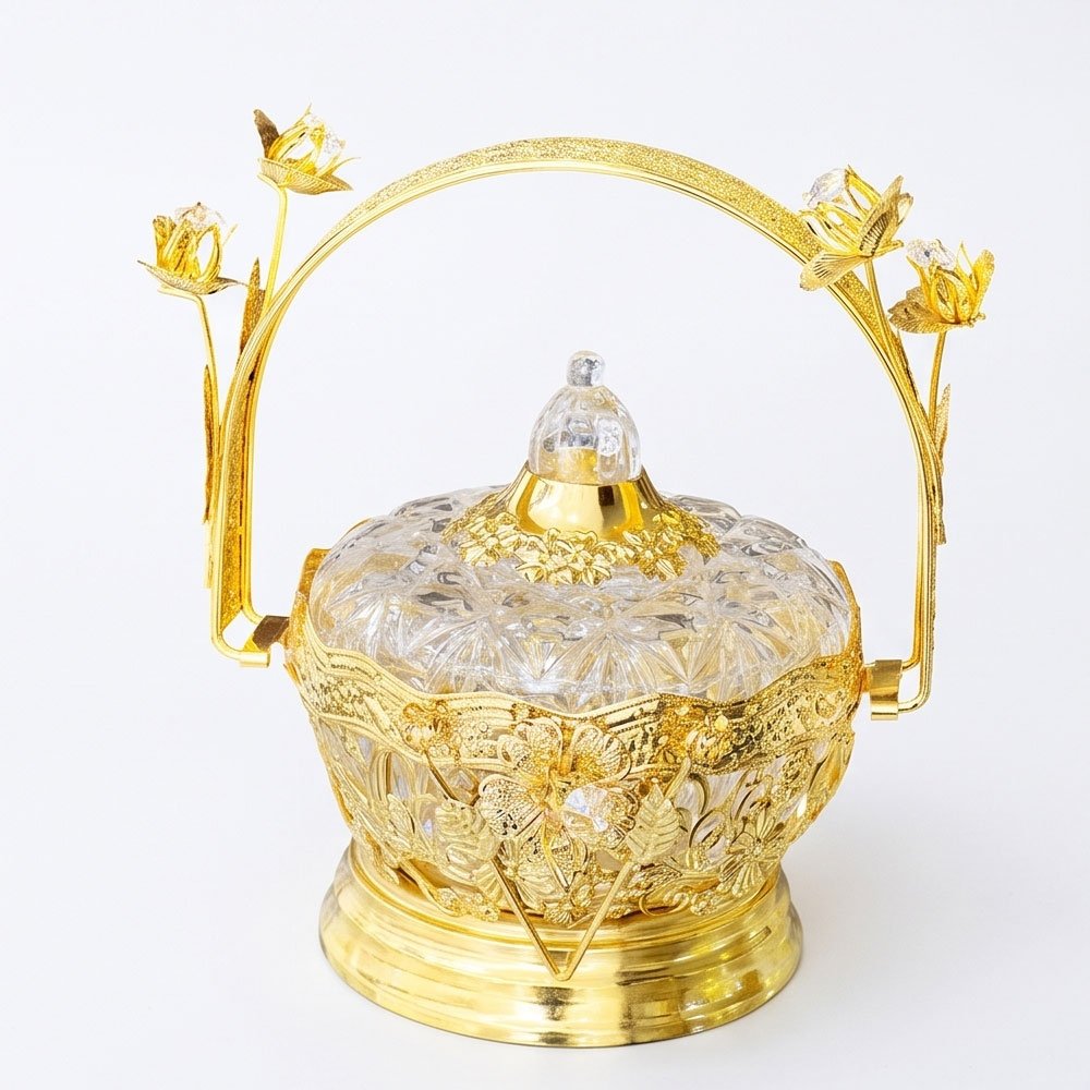 Luxury Crystal Glass Candy Dish Jar Gold Metal Frame Arch Handle Floral Tableware Decor - Image 4