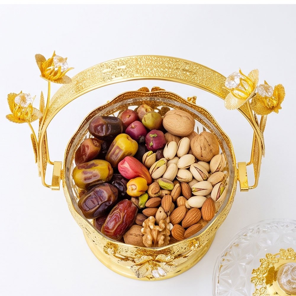 Luxury Crystal Glass Candy Dish Jar Gold Metal Frame Arch Handle Floral Tableware Decor - Image 5