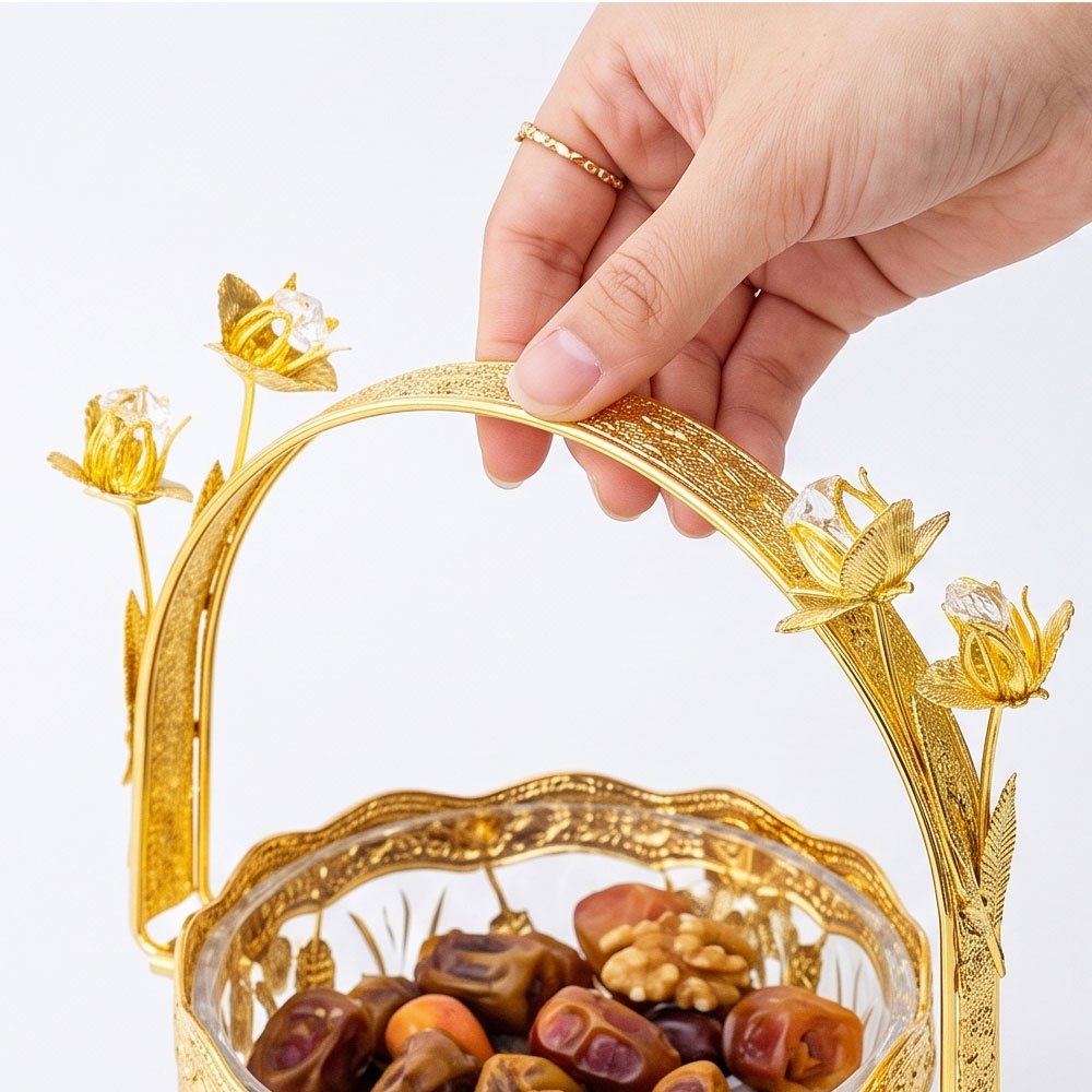 Luxury Crystal Glass Candy Dish Jar Gold Metal Frame Arch Handle Floral Tableware Decor - Image 3