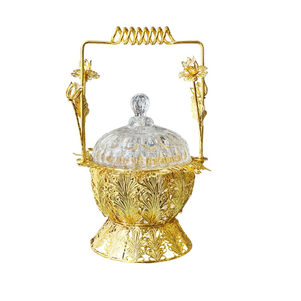 Luxury Crystal Glass Candy Dish Jar Gold Metal Frame Arch Handle Floral Tableware Decor - Image 2