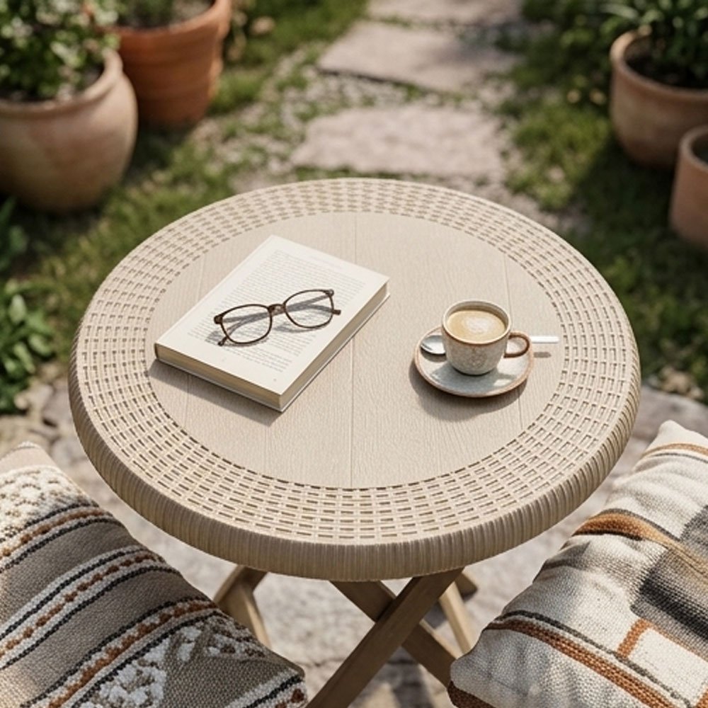 Al Andalus Classic Round Rattan Design Plastic Side Table For Garden - Image 5