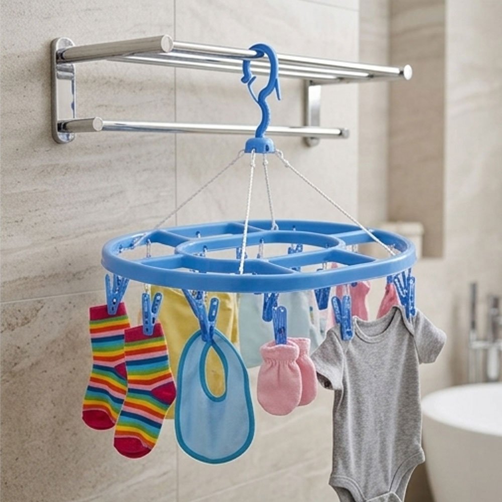 Round Plastic Laundry Hanging Hanger Dryer With Pegs Clips For Socks And Baby Clothes - Image 3