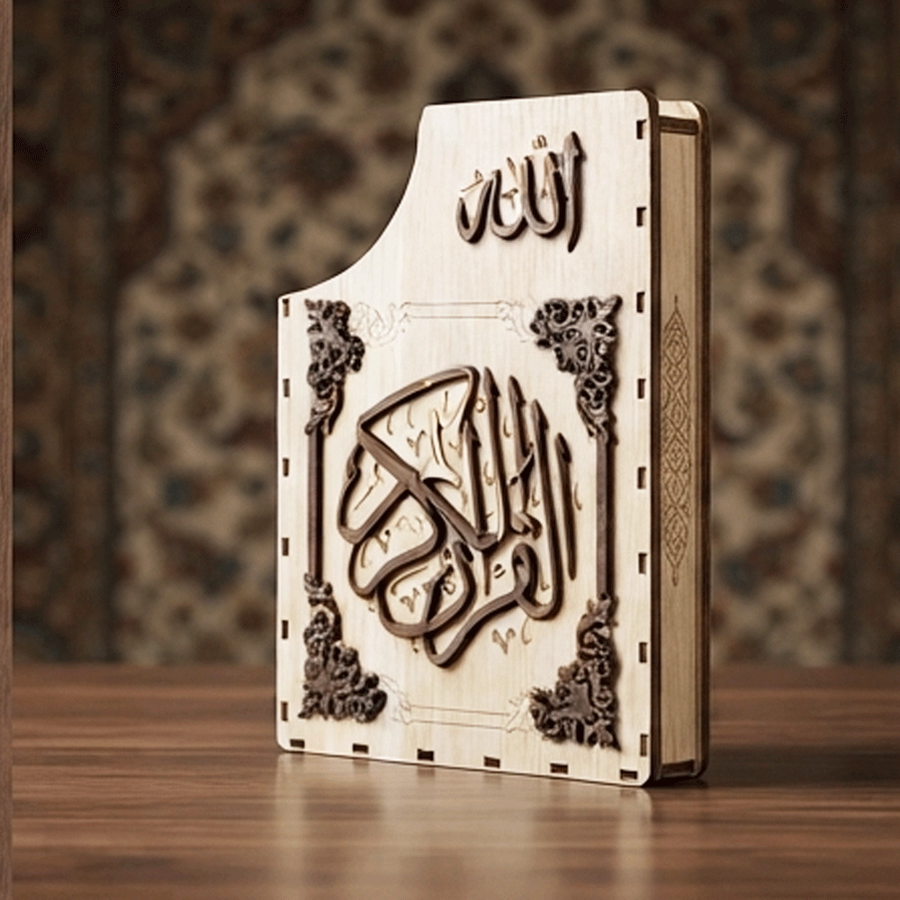 A luxurious wooden Quran case and box with prominent Islamic inscriptions and the words "Quran" and "Allah".