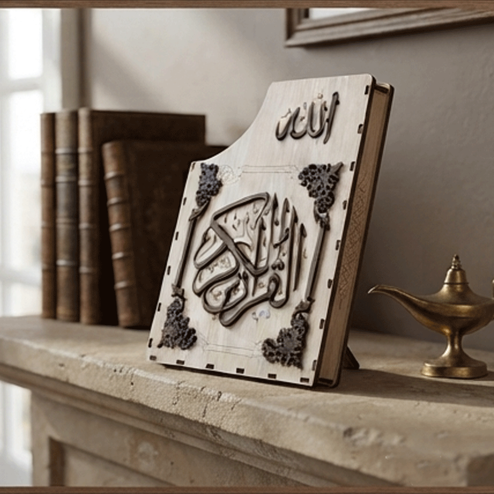A luxurious wooden Quran case and box with prominent Islamic inscriptions and the words "Quran" and "Allah". - Image 2