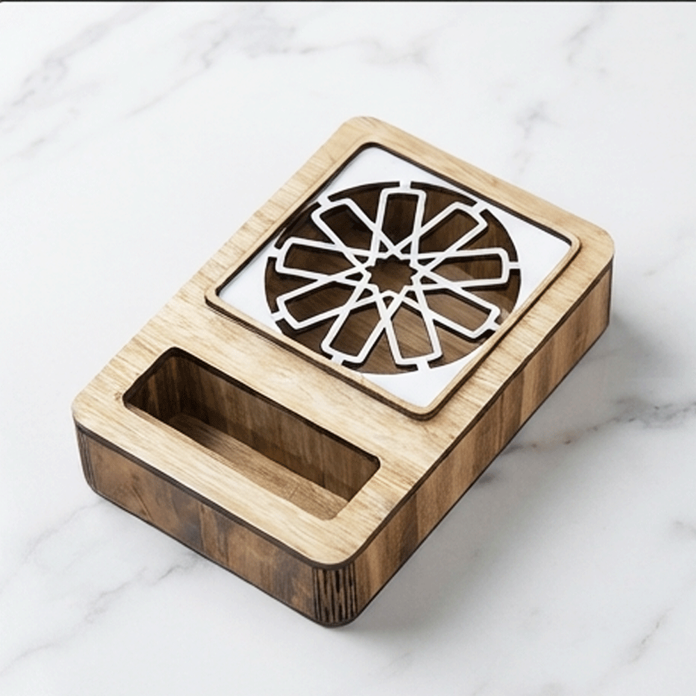 Square wooden incense burner with an Islamic design, openwork wooden mobile phone holder for the office - Image 4
