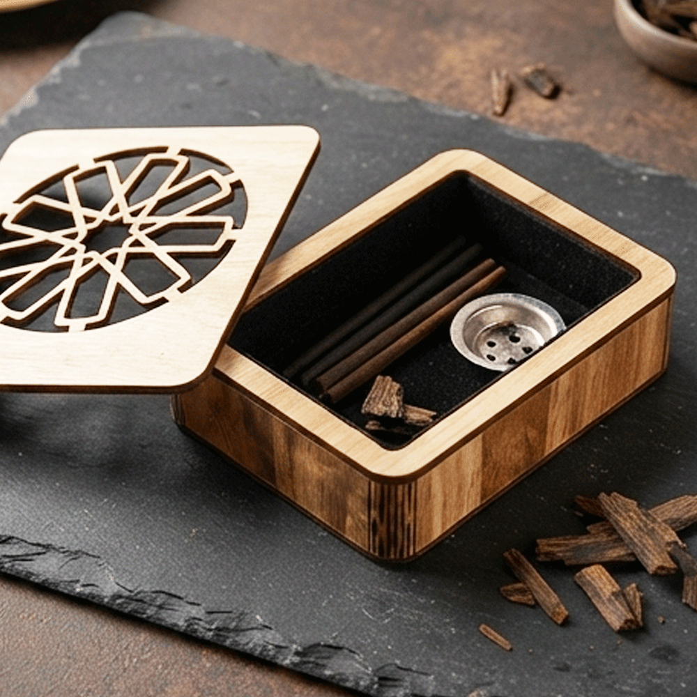Square wooden incense burner with an Islamic design, openwork wooden mobile phone holder for the office - Image 3