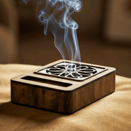 Square wooden incense burner with an Islamic design, openwork wooden mobile phone holder for the office