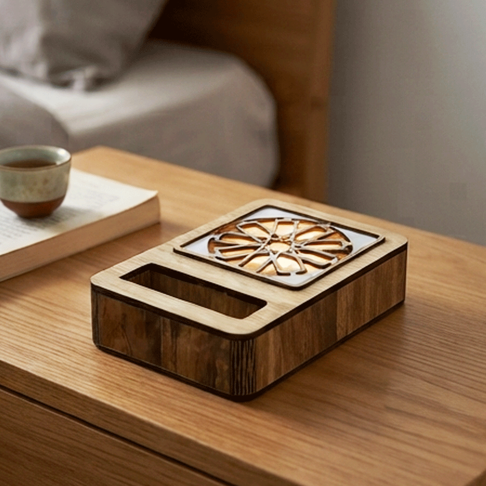 Square wooden incense burner with an Islamic design, openwork wooden mobile phone holder for the office - Image 2