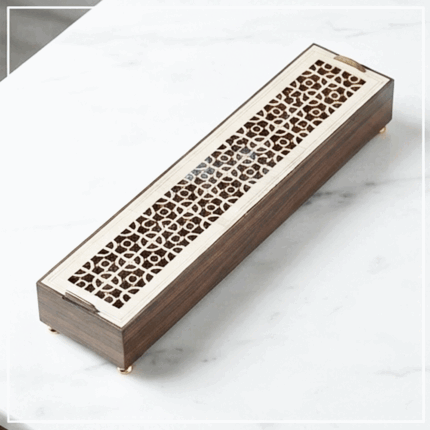 A rectangular wooden incense burner with a hollow lid and heat-insulating lining; an incense box.