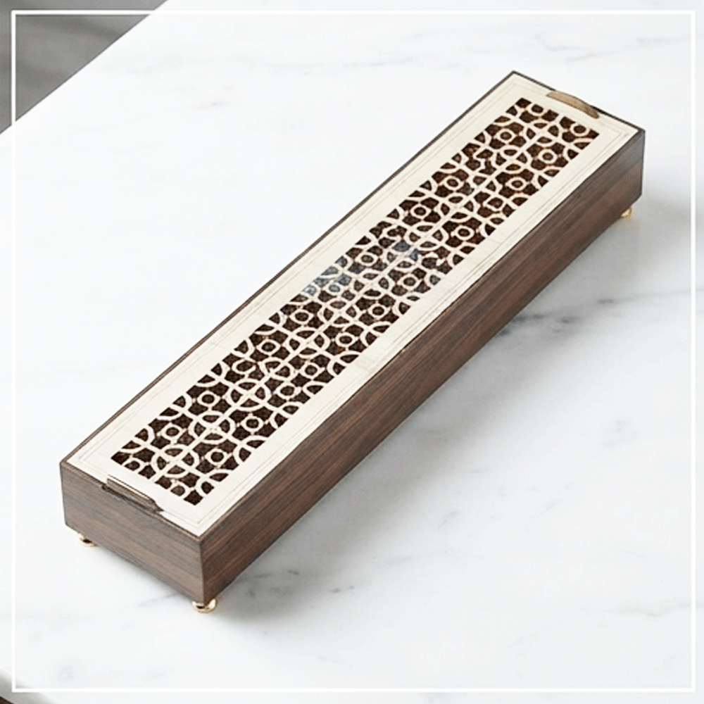 A rectangular wooden incense burner with a hollow lid and heat-insulating lining; an incense box.
