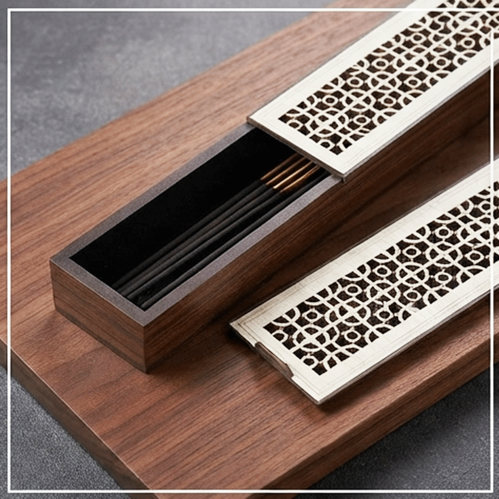 A rectangular wooden incense burner with a hollow lid and heat-insulating lining; an incense box. - Image 4