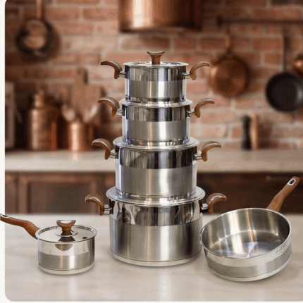 11-piece stainless steel cookware set with elegant wooden handles and lids