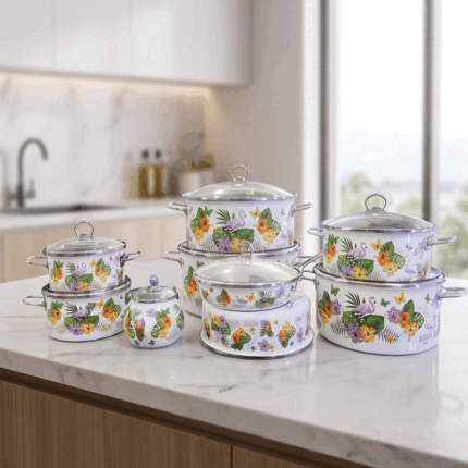 23-piece cast iron cookware set with floral and flamingo designs