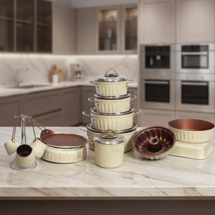 Complete set of 19-piece cast iron and granite cookware and saucepans for the kitchen.