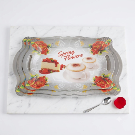 Grand 1 Set of 3 Rectangular Serving Trays Flower & Coffee Print with Handles for Home