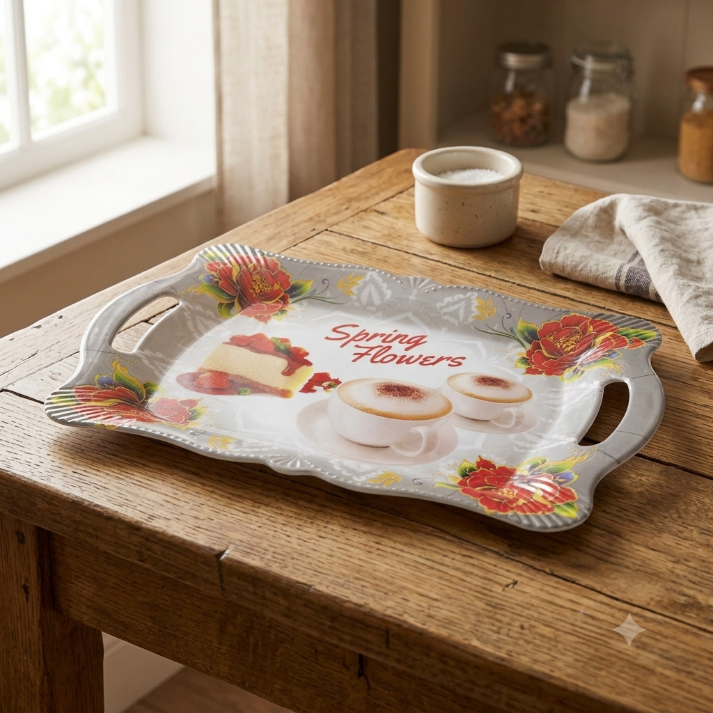 Grand 1 Set of 3 Rectangular Serving Trays Flower & Coffee Print with Handles for Home - Image 4