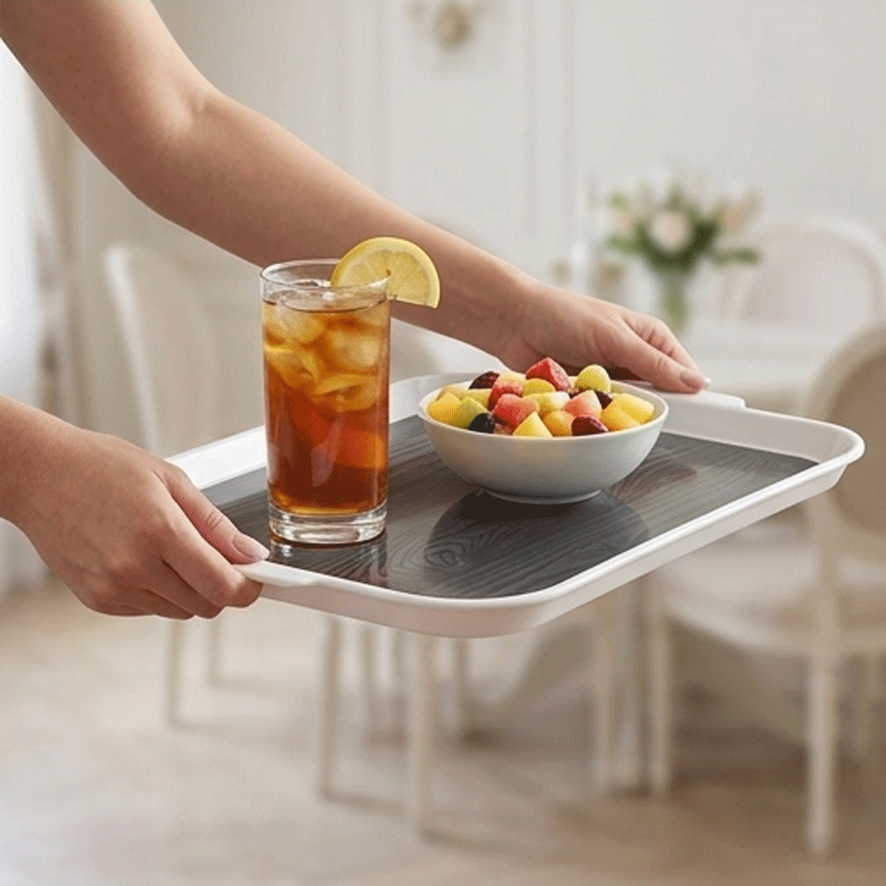 Jumbo Plastic Serving Tray Modern Wooden Pattern Heavy Duty Handles Kitchen & Dining - Image 2