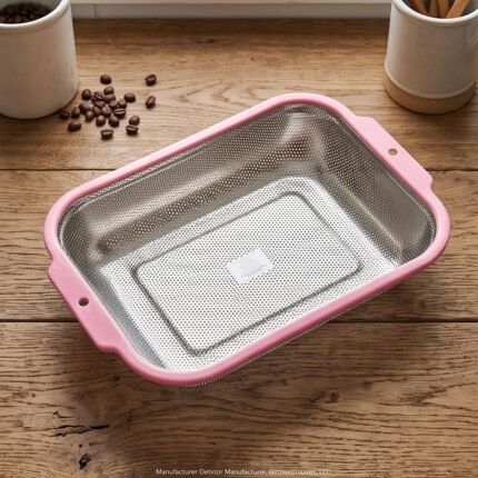 Rectangular Stainless Steel Mesh Colander Strainer With Plastic Frame Kitchen Handles