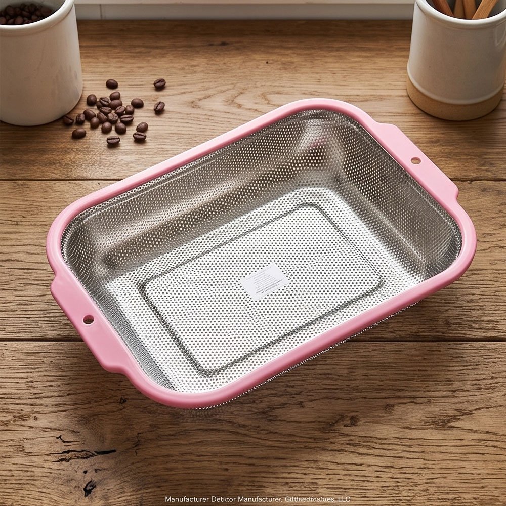 Rectangular Stainless Steel Mesh Colander Strainer With Plastic Frame Kitchen Handles
