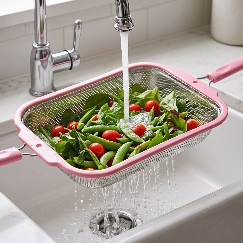 Rectangular Stainless Steel Mesh Colander Strainer With Plastic Frame Kitchen Handles - Image 3