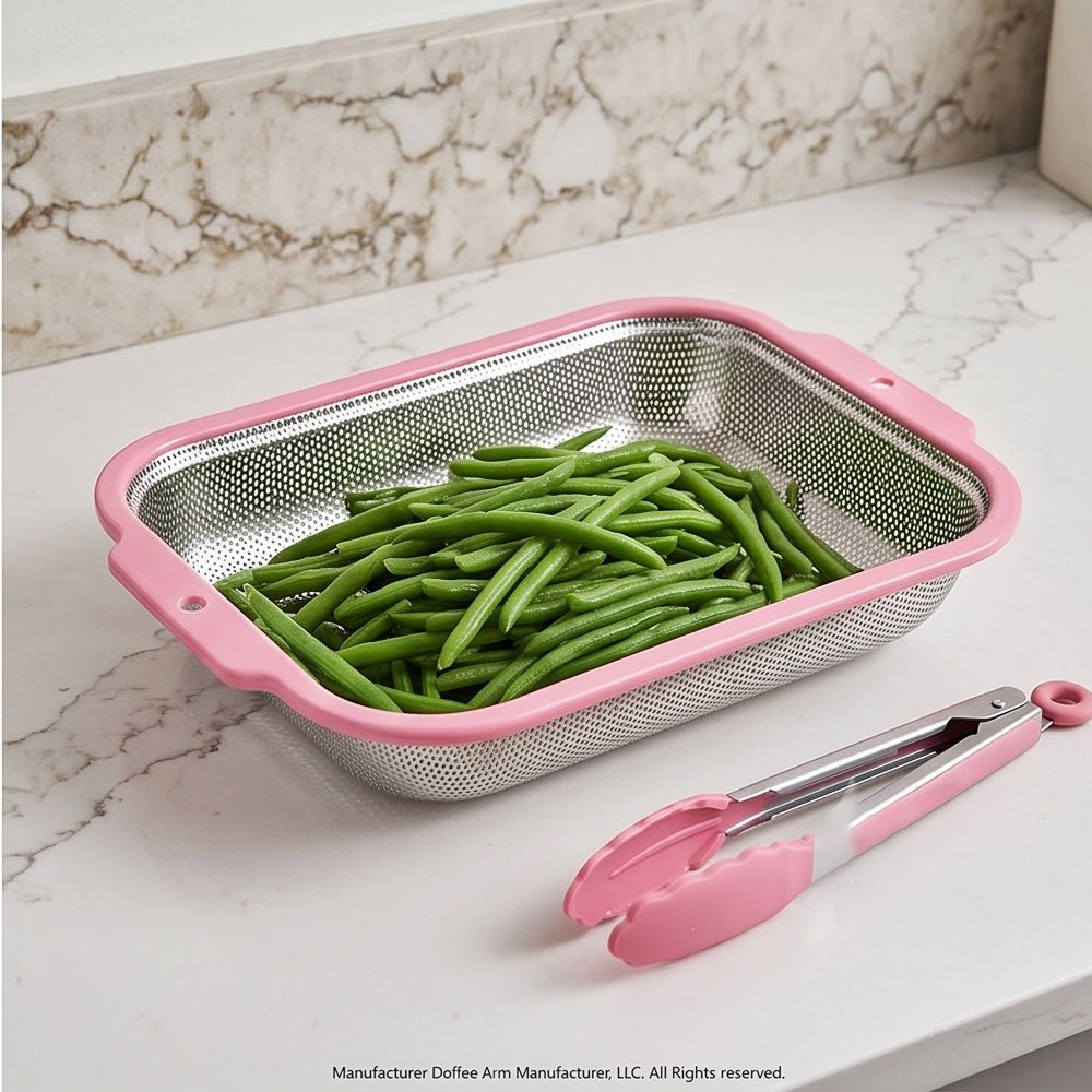 Rectangular Stainless Steel Mesh Colander Strainer With Plastic Frame Kitchen Handles - Image 4