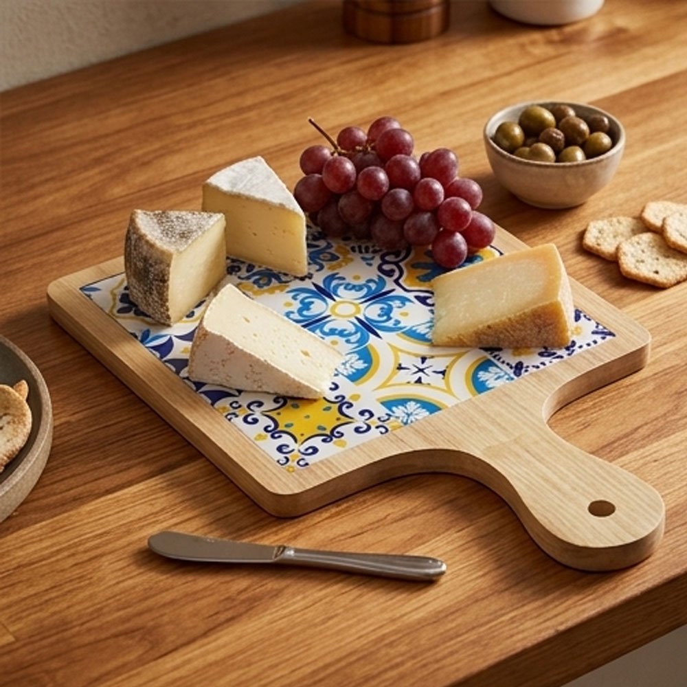 Wooden and Porcelain Square Pizza Tray Board with Handle - Andalusia Pattern Serving Tray for Pastries and Pizza - Image 2