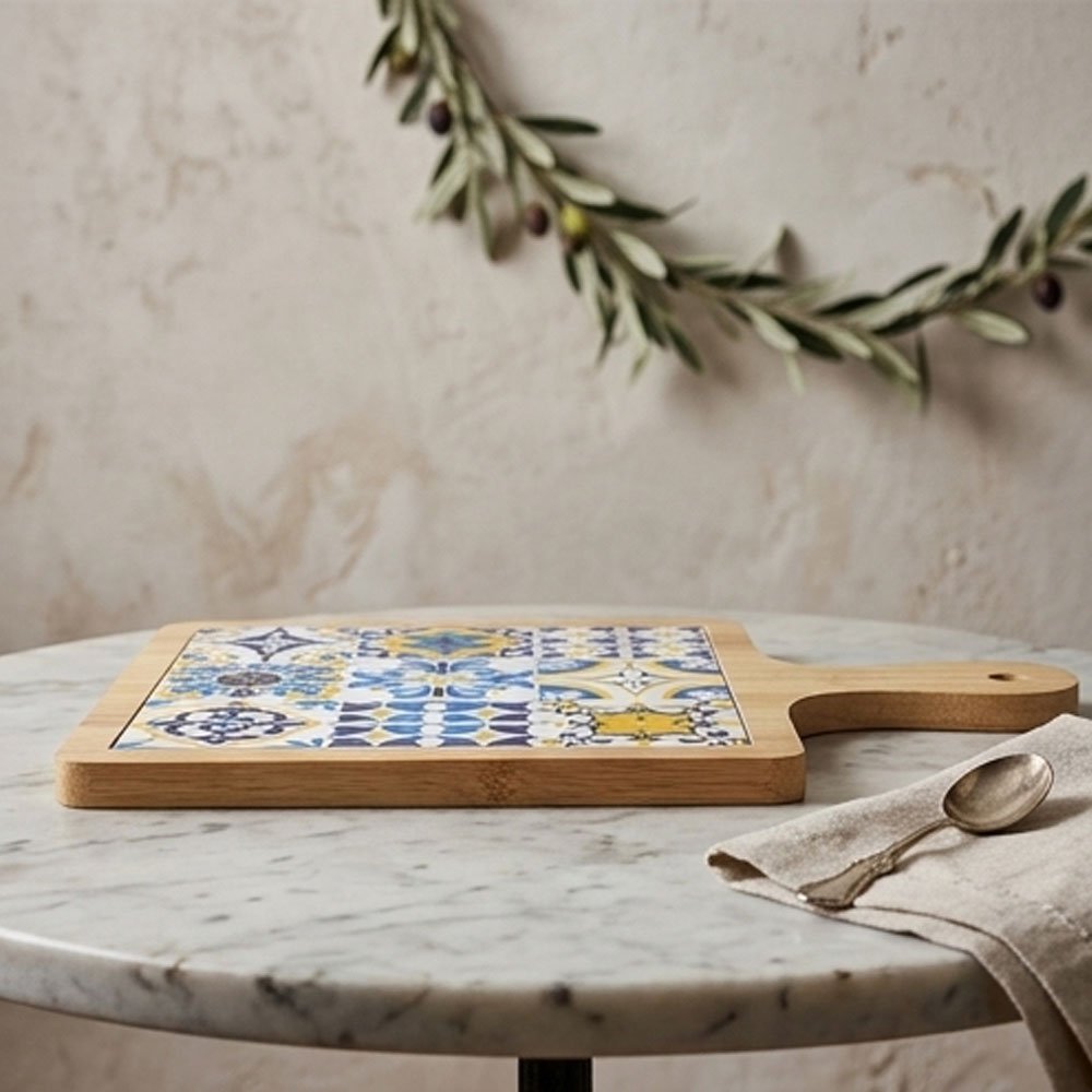 Wooden and Porcelain Square Pizza Tray Board with Handle - Andalusia Pattern Serving Tray for Pastries and Pizza - Image 4