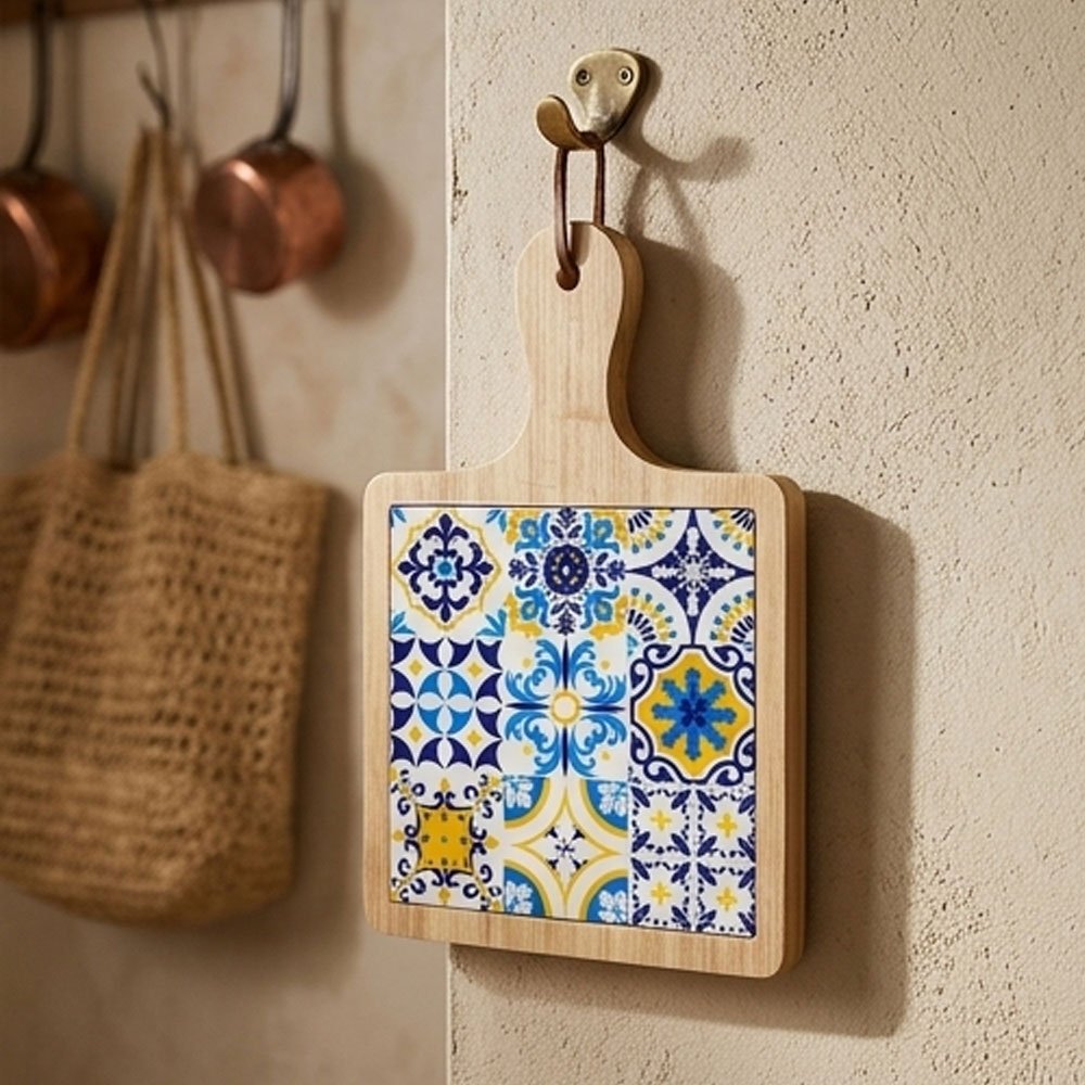 Wooden and Porcelain Square Pizza Tray Board with Handle - Andalusia Pattern Serving Tray for Pastries and Pizza - Image 3
