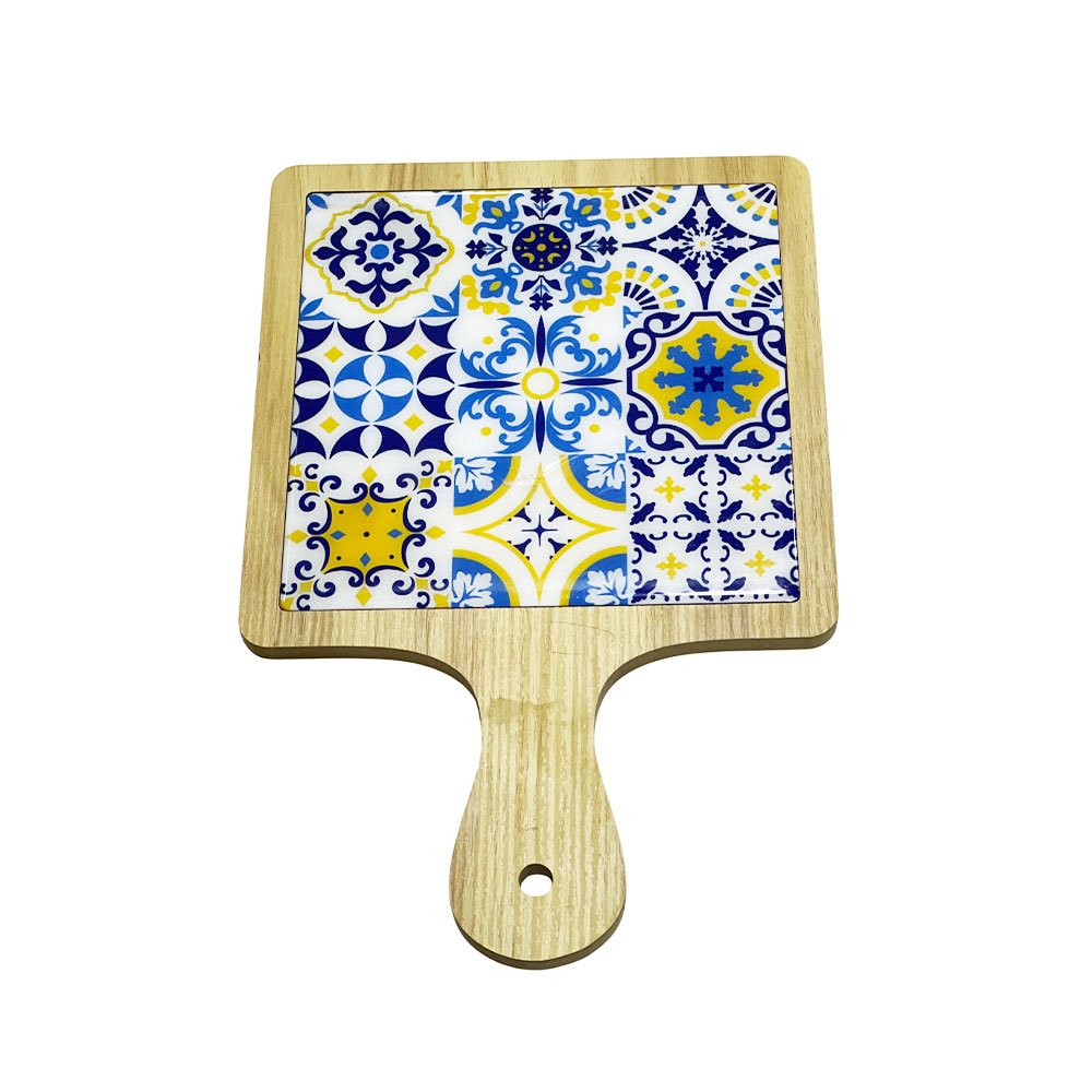 Wooden and Porcelain Square Pizza Tray Board with Handle - Andalusia Pattern Serving Tray for Pastries and Pizza
