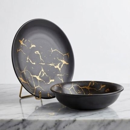New Klein 24 Pcs Porcelain Dinnerware Set Black & Gold Marble Design for Dining & Events
