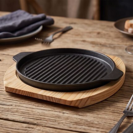 Round Cast Iron Sizzling Grill Plate Pan With Wooden Base Tray For Steak Fajita