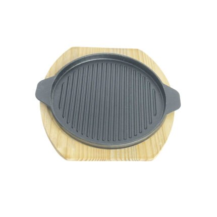Round Cast Iron Sizzling Grill Plate Pan With Wooden Base Tray For Steak Fajita
