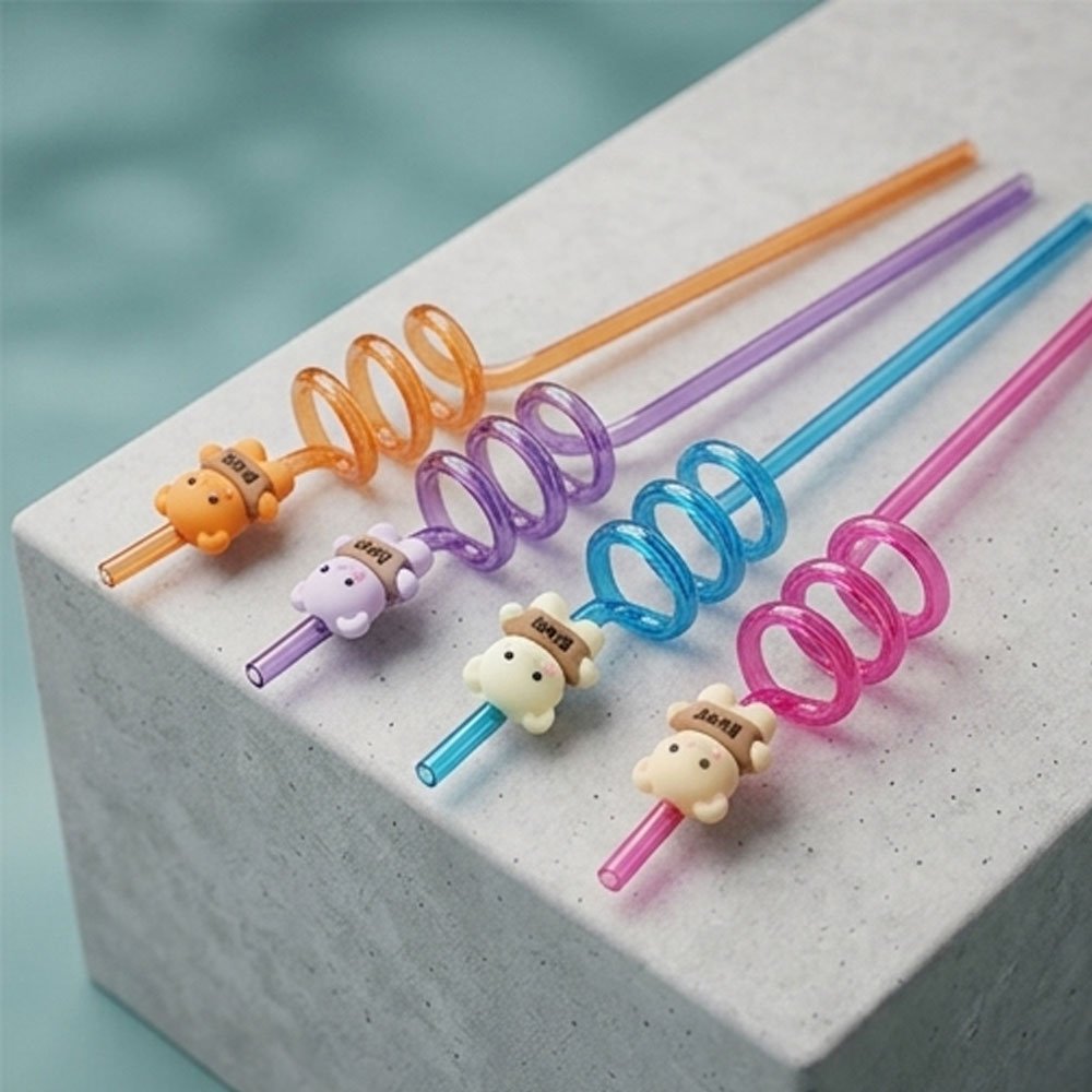 Reusable Spiral Curly Drinking Straws Set with Cute Bear Figures for Kids Birthday Parties and Cold Beverages - Image 2