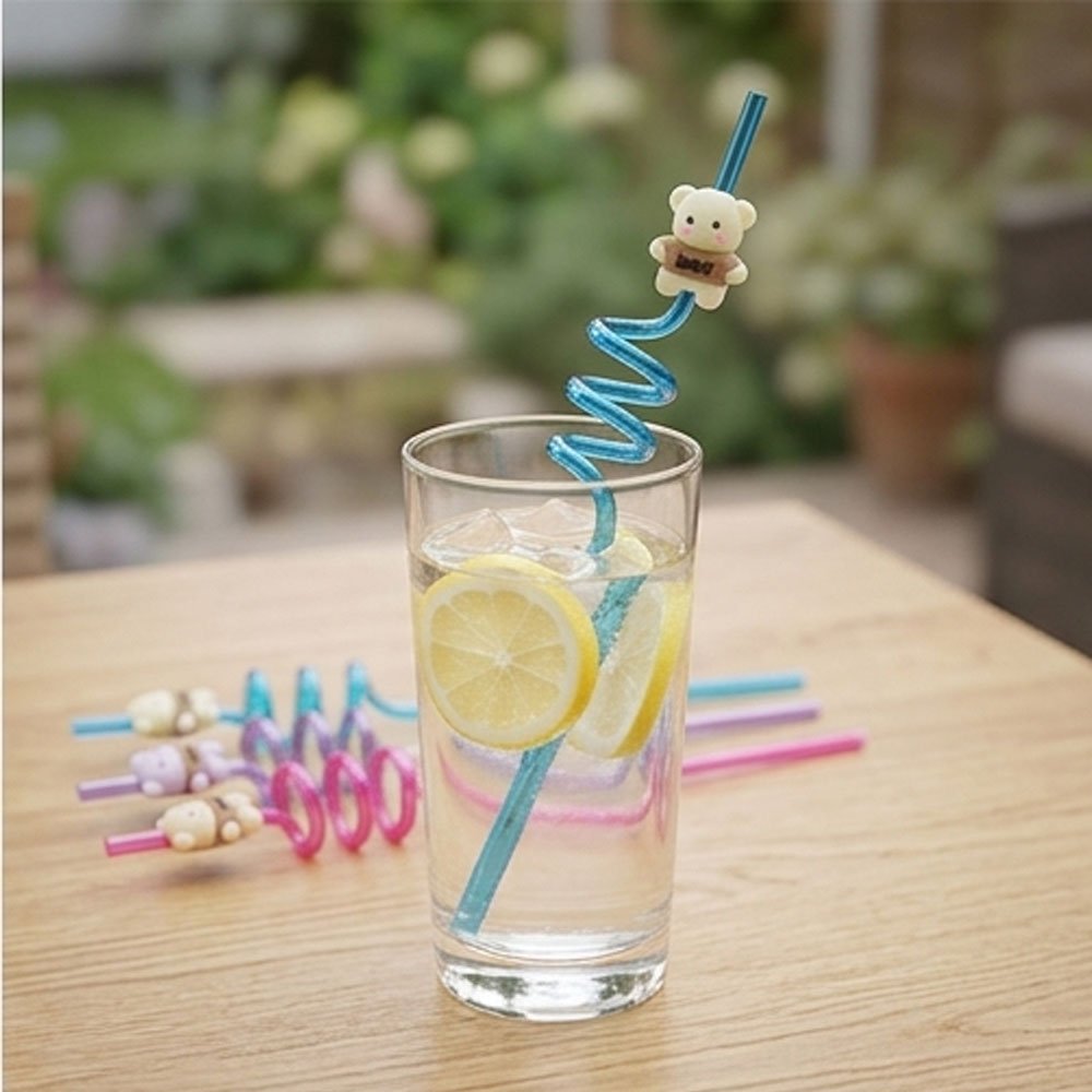 Reusable Spiral Curly Drinking Straws Set with Cute Bear Figures for Kids Birthday Parties and Cold Beverages - Image 5