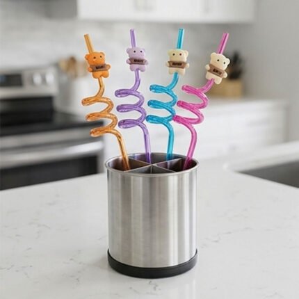 Reusable Spiral Curly Drinking Straws Set with Cute Bear Figures for Kids Birthday Parties and Cold Beverages