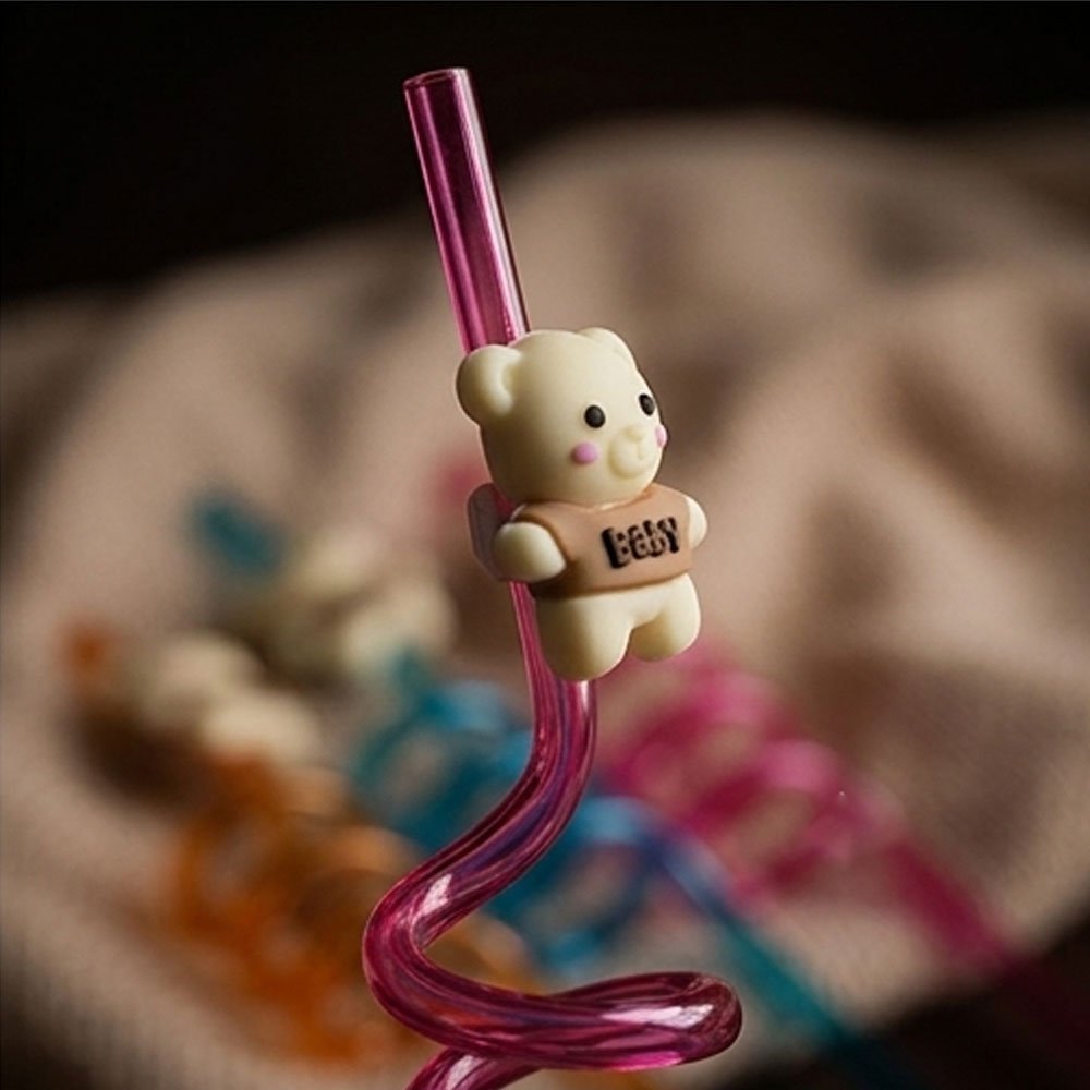Reusable Spiral Curly Drinking Straws Set with Cute Bear Figures for Kids Birthday Parties and Cold Beverages - Image 4