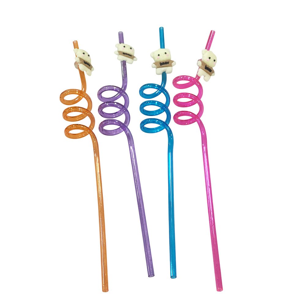Reusable Spiral Curly Drinking Straws Set with Cute Bear Figures for Kids Birthday Parties and Cold Beverages - Image 3