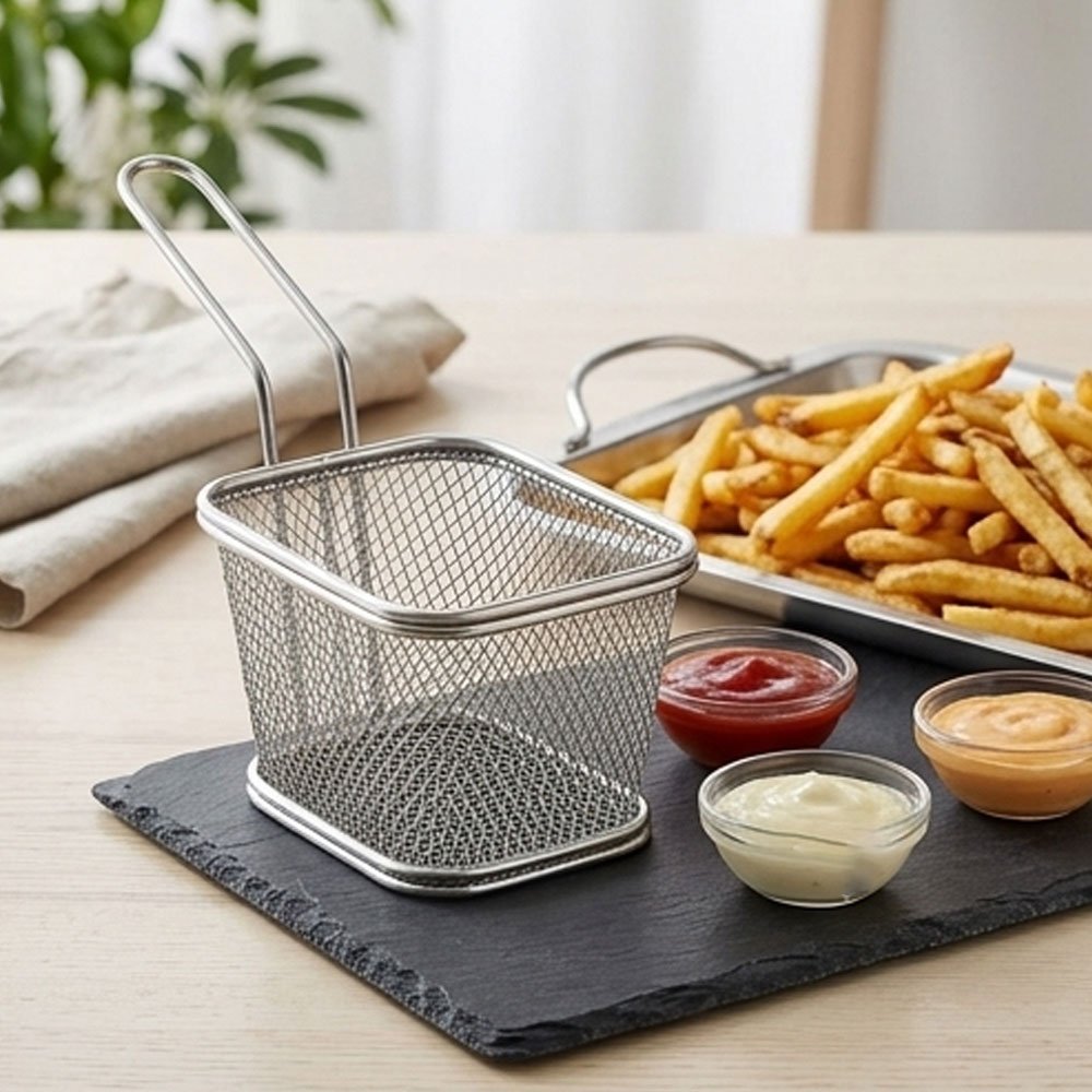 Stainless Steel Mini Frying Basket Mesh Chip Presentation Strainer with Long Handle for Deep Frying