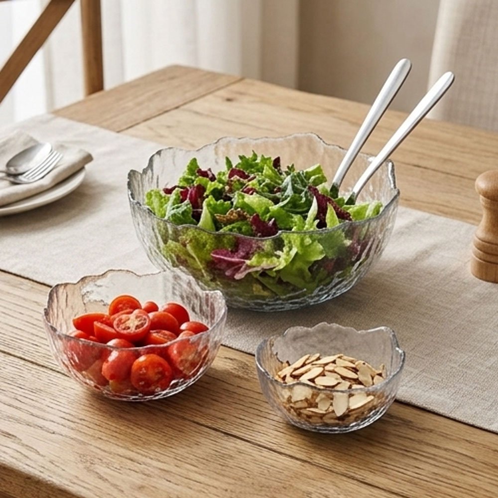 Clear Glass Salad Serving Bowl Set Wavy Rim Decorative Fruit Nuts Snack Bowls for Kitchen Dining Table - Image 2