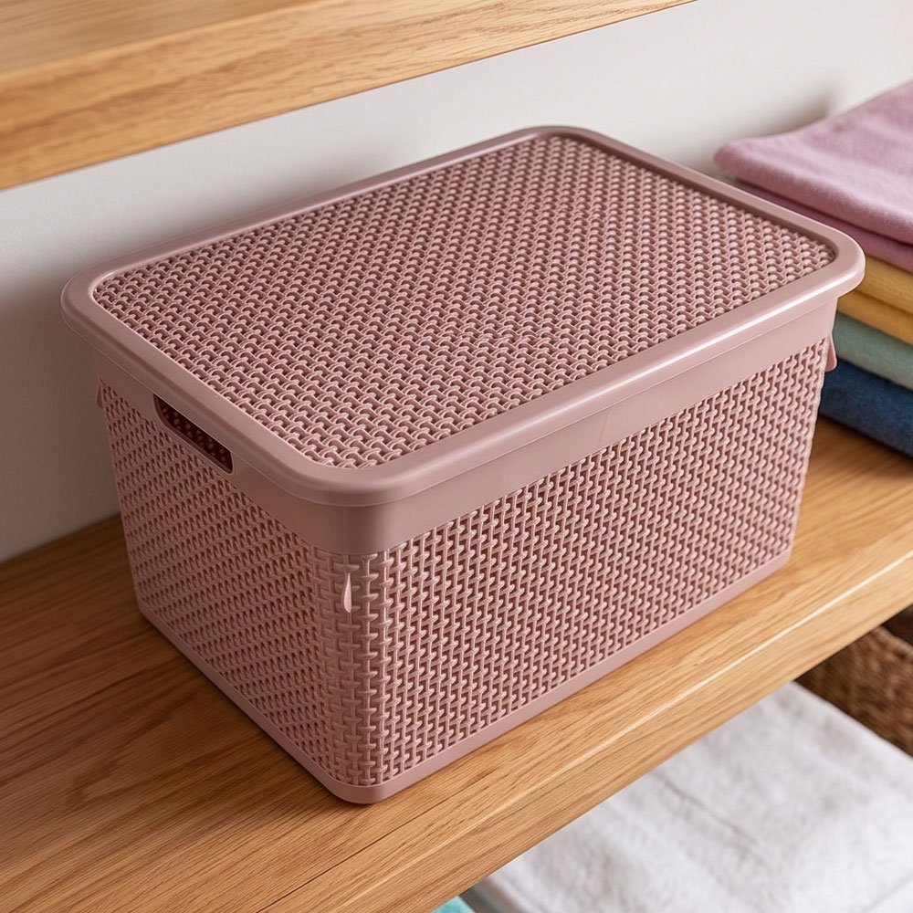 Al Andalus Multipurpose Rattan Plastic Storage Box Container With Lid - Cashmere