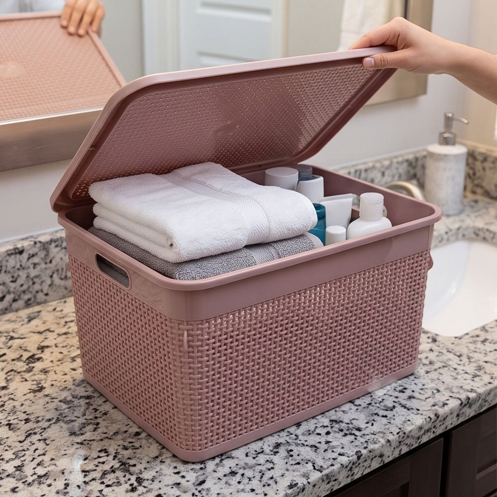 Al Andalus Multipurpose Rattan Plastic Storage Box Container With Lid - Cashmere - Image 3