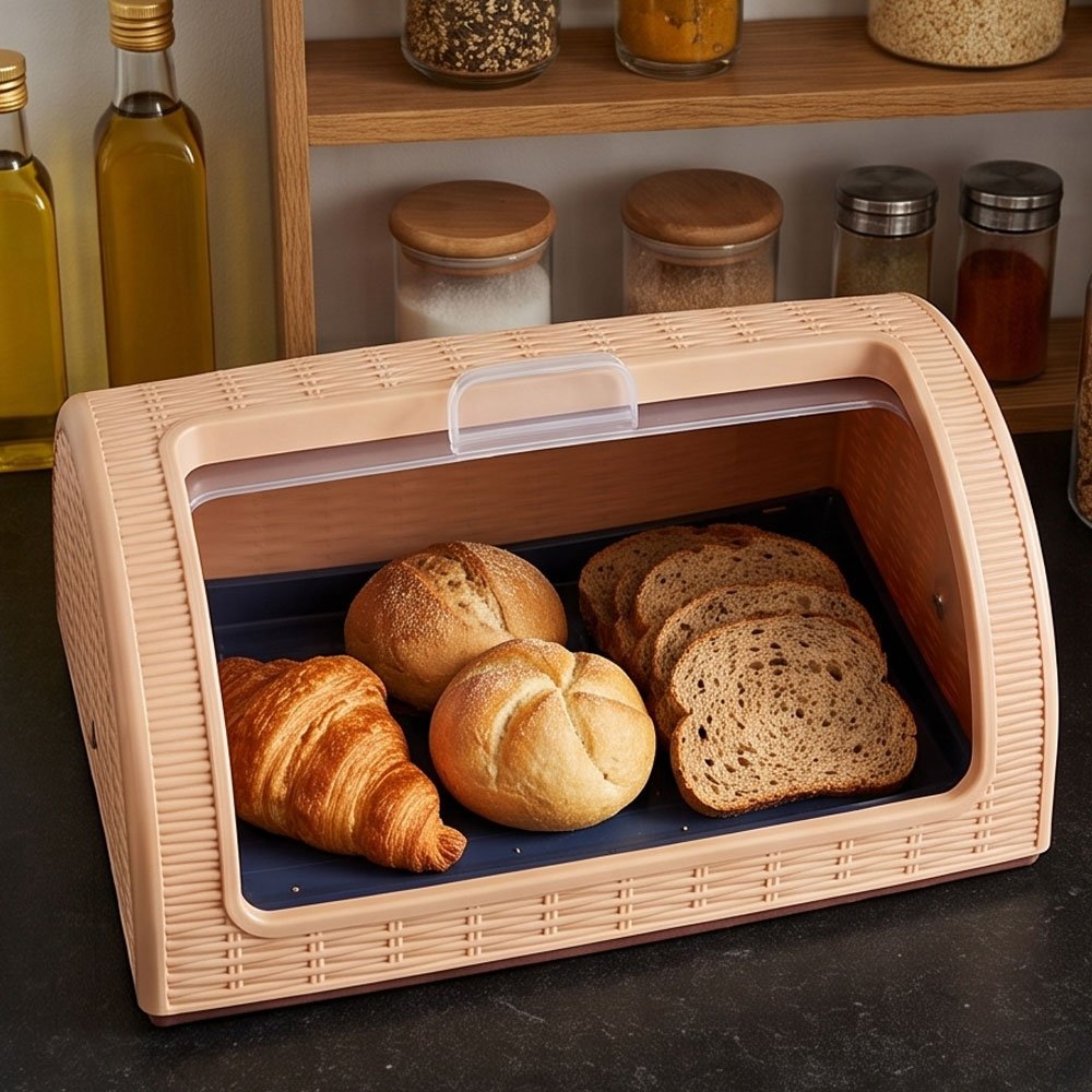 El Andalus Rattan Plastic Bread Box Container Storage Keeper Clear Roll Top Lid - Image 3