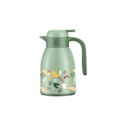 Green thermal thermos for storing tea and coffee with a push-button pouring spout.