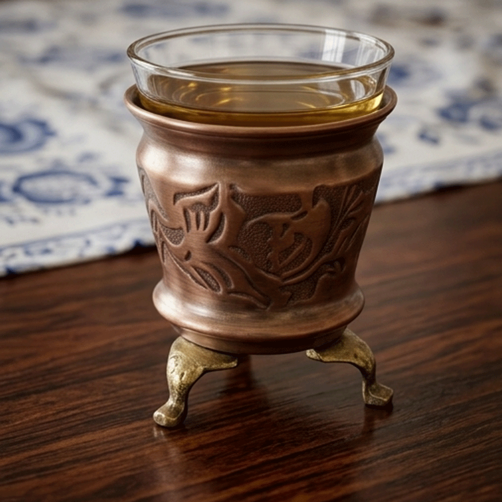 Handcrafted Brass Footed Copper Coffee Tea Cup Holder With Inner Glass Cup - Image 4