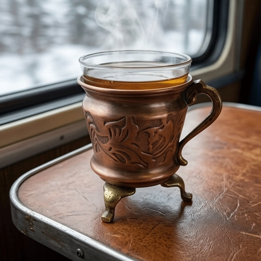 Handcrafted Brass Footed Copper Coffee Tea Cup Holder With Inner Glass Cup - Image 2