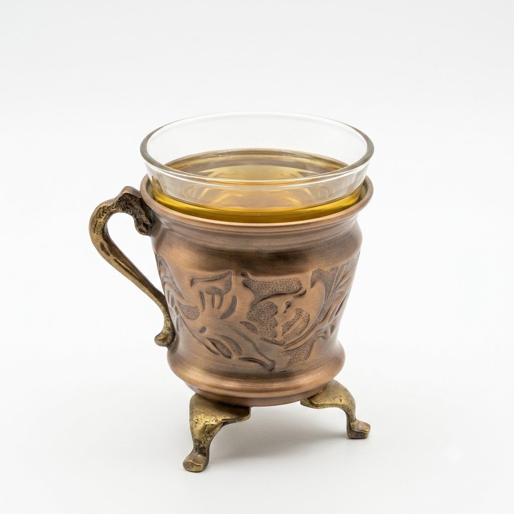 Handcrafted Brass Footed Copper Coffee Tea Cup Holder With Inner Glass Cup