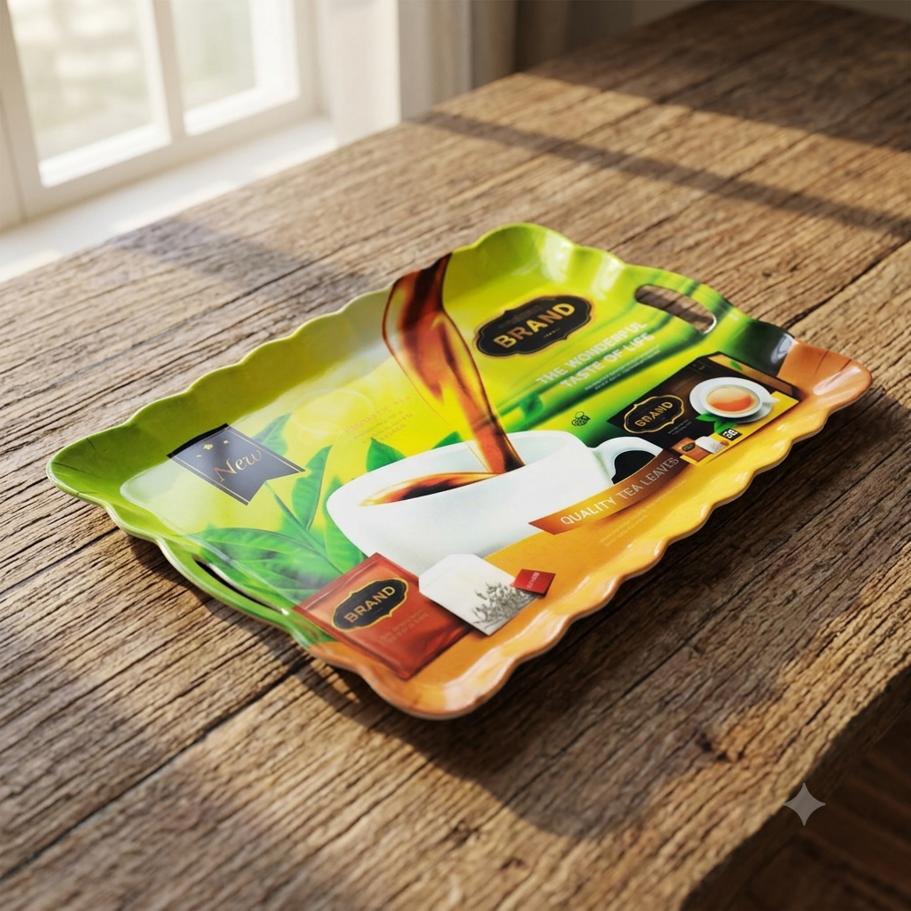 Jumbo Melamine Serving Tray Rectangular Wavy Edges Handles Tea & Coffee Print Design - Image 4